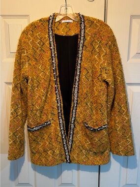 Zara Mustard Multi Tweed Pearl Blazer Jacket